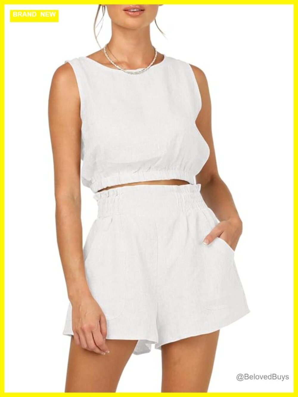 Women's Linen Rayon 2 Piece Short Set Sleeveless Crop Top High Waisted with